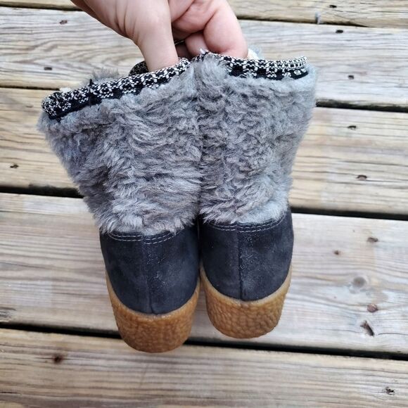 Vintage 70s Hippie Gray Faux Fur Black Sherpa Lined Lace-up Boho Ankle Boots 6 - Picture 5 of 9
